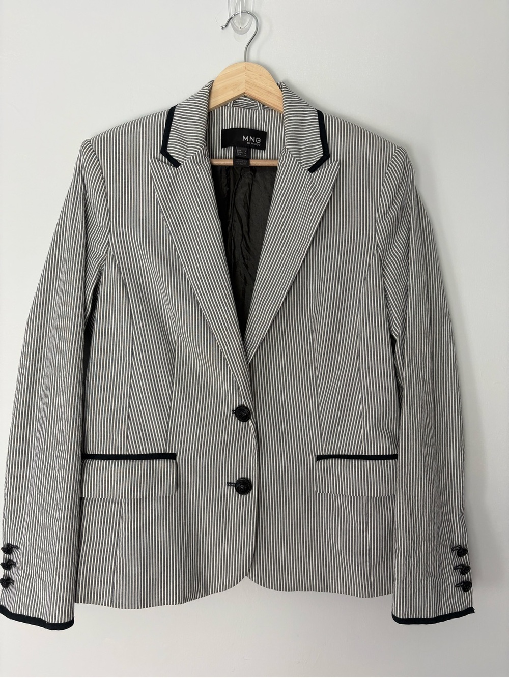 MNG by Mango Cotton Pinstripe Blazer Women’s M Gray White Black Trim
